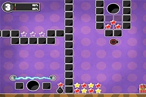 Pantalla de un juego con bloques negros, estrellas de colores y un fondo morado con círculos