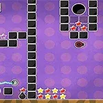 Pantalla de un juego con bloques negros, estrellas de colores y un fondo morado con círculos