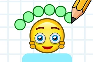 Emoji amarillo con expresión alegre y ojos grandes, cubierto por una fila de círculos verdes y un lápiz dibujando en la esquina superior