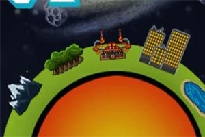 Un planeta pequeño con montañas, árboles, un lago, edificios, y una estructura tecnológica sobre una superficie verde contra un fondo oscuro