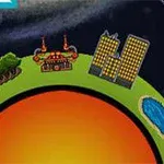 Un planeta pequeño con montañas, árboles, un lago, edificios, y una estructura tecnológica sobre una superficie verde contra un fondo oscuro