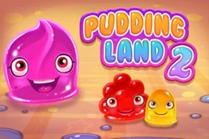 Coloridas criaturas de gelatina con ojos grandes y sonrisas junto al texto Pudding Land 2