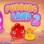 Coloridas criaturas de gelatina con ojos grandes y sonrisas junto al texto Pudding Land 2