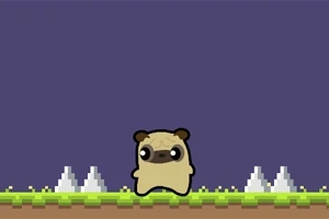 Un personaje pequeño y caricaturesco similar a un pug sobre un fondo pixelado con césped y picos en el suelo
