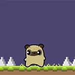 Un personaje pequeño y caricaturesco similar a un pug sobre un fondo pixelado con césped y picos en el suelo