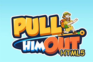 Texto colorido Pull Him Out HTML5 con un personaje aventurero con sombrero y mochila sobre un fondo azul claro