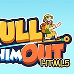Texto colorido Pull Him Out HTML5 con un personaje aventurero con sombrero y mochila sobre un fondo azul claro