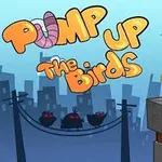 Un pájaro verde está posado en una cornisa en una ciudad, con otros pájaros negros en un cable y el texto Pump Up The Birds en el cielo