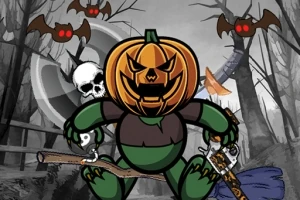 Un personaje con cabeza de calabaza, rodeado de murciélagos y calaveras, sostiene una espada y una escoba en un escenario de bosque tenebroso