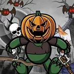 Un personaje con cabeza de calabaza, rodeado de murciélagos y calaveras, sostiene una espada y una escoba en un escenario de bosque tenebroso