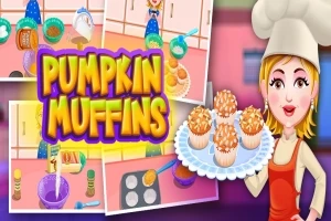 Chef sonriente con gorro sostiene una charola de muffins de calabaza, rodeada de imágenes de ingredientes y pasos de preparación en una cocina