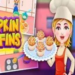 Chef sonriente con gorro sostiene una charola de muffins de calabaza, rodeada de imágenes de ingredientes y pasos de preparación en una cocina