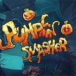 Texto colorido que dice Pumpkin Smasher rodeado de calabazas sonrientes en un entorno oscuro y espeluznante