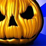 Calabaza de Halloween con expresión aterradora sobre un fondo azul