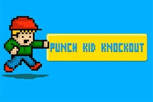 Niño de píxeles con gorra roja lanzando un puño sobre fondo azul, con texto Punch Kid Knockout en un rectángulo amarillo