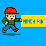 Niño de píxeles con gorra roja lanzando un puño sobre fondo azul, con texto Punch Kid Knockout en un rectángulo amarillo