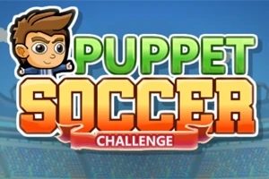 Ilustración de un personaje animado junto al texto Puppet Soccer Challenge en un estadio de fondo