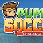 Ilustración de un personaje animado junto al texto Puppet Soccer Challenge en un estadio de fondo