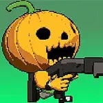 Personaje con cabeza de calabaza sosteniendo un arma sobre un fondo verde