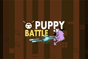 Perro morado con un sombrero disparando rayos azules en un fondo marrón con texto Puppy Battle