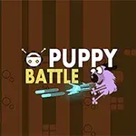 Perro morado con un sombrero disparando rayos azules en un fondo marrón con texto Puppy Battle