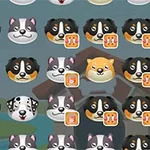 Caras de perros de diferentes razas en filas con fondo de paisaje y símbolos de comida al lado de algunos