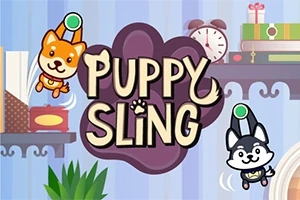 Dos perros caricaturescos con ventosas aparecen alrededor del texto Puppy Sling en un entorno de sala decorada con relojes y libros