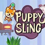 Dos perros caricaturescos con ventosas aparecen alrededor del texto Puppy Sling en un entorno de sala decorada con relojes y libros