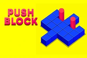 Texto rojo con palabras Push Block junto a una estructura de cubos azules y dos cilindros rojos sobre un fondo amarillo