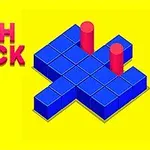 Texto rojo con palabras Push Block junto a una estructura de cubos azules y dos cilindros rojos sobre un fondo amarillo