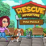 Mujer con perro paseando en un parque con bancas, una tortuga y un perro pequeño al fondo, con un letrero grande en el centro