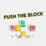 Bloques de colores con botones y confeti en un fondo blanco con el texto Push The Block arriba