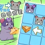 Dos ratones, uno con una cinta lila y un trozo de queso, junto a un tablero de juego con casillas azules y flechas
