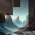 Paisaje fantástico con montañas escarpadas y cielo azul, parcialmente cubierto por cuadros oscuros