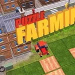 Tractor rojo en un campo de cultivo junto a edificios, con el texto Puzzle Farming en letras grandes y coloridas