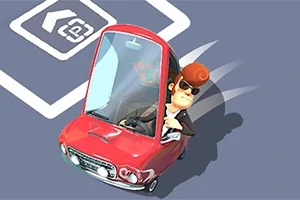 Personaje con gafas de sol conduciendo un pequeño auto rojo en un espacio de estacionamiento