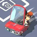 Personaje con gafas de sol conduciendo un pequeño auto rojo en un espacio de estacionamiento