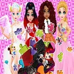Cuatro personajes femeninos con trajes coloridos y piezas de rompecabezas sobre un fondo rosa con corazones