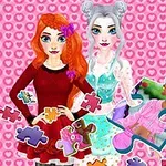 Dos mujeres de estilo animado posando con piezas de rompecabezas sobre un fondo rosa con corazones