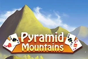 Montañas con cielo azul, cartas de juego y el texto Pyramid Mountains en el centro
