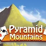 Montañas con cielo azul, cartas de juego y el texto Pyramid Mountains en el centro