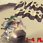 Ilustración de cuatro personajes sorprendidos junto a un cofre brillante, con un título en letras grandes en el fondo y texto rojo indicando 1-4 Players