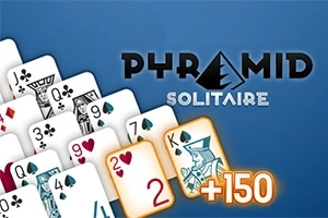 Cartas de naipes dispuestas en forma de pirámide con el texto Pyramid Solitaire sobre un fondo azul