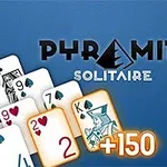 Cartas de naipes dispuestas en forma de pirámide con el texto Pyramid Solitaire sobre un fondo azul