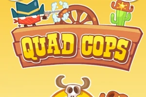 Dibujo de un vaquero disparando sobre un cartel con ruedas y el texto Quad Cops, junto a un cactus con sombrero y una calavera de toro