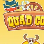 Dibujo de un vaquero disparando sobre un cartel con ruedas y el texto Quad Cops, junto a un cactus con sombrero y una calavera de toro