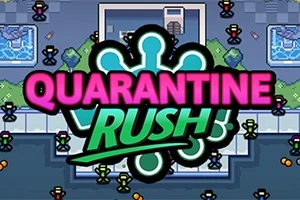 Título colorido Quarantine Rush sobre un fondo de estilo pixel art con personajes pequeños y elementos arquitectónicos