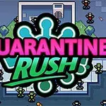 Título colorido Quarantine Rush sobre un fondo de estilo pixel art con personajes pequeños y elementos arquitectónicos