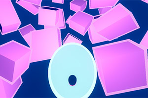 Cubos rosados flotando en un fondo azul con un anillo claro al frente