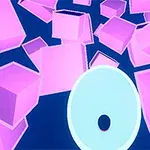 Cubos rosados flotando en un fondo azul con un anillo claro al frente